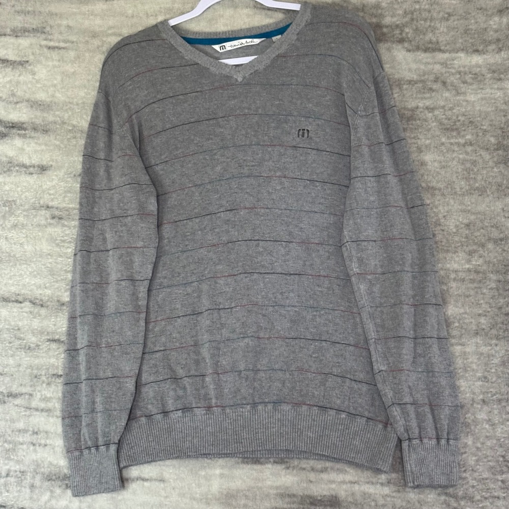 TravisMathew Mens XL Gray Striped V-Neck Pullover Sweater Rayon Spandex Stretch